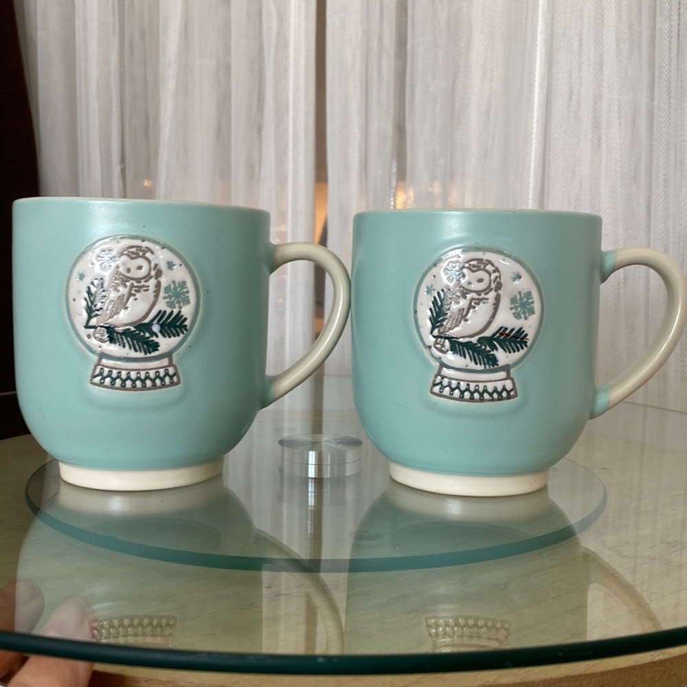 2 stoneware Aqua blue mugs